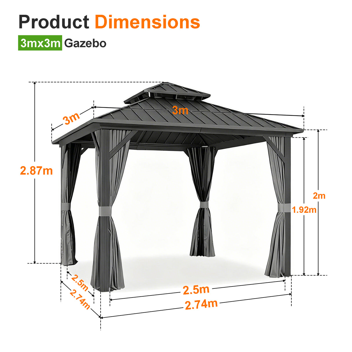 Patioslife 3x3m Luxury Haven Hardtop Gazebo Product Dimensions with Double Vented Roof