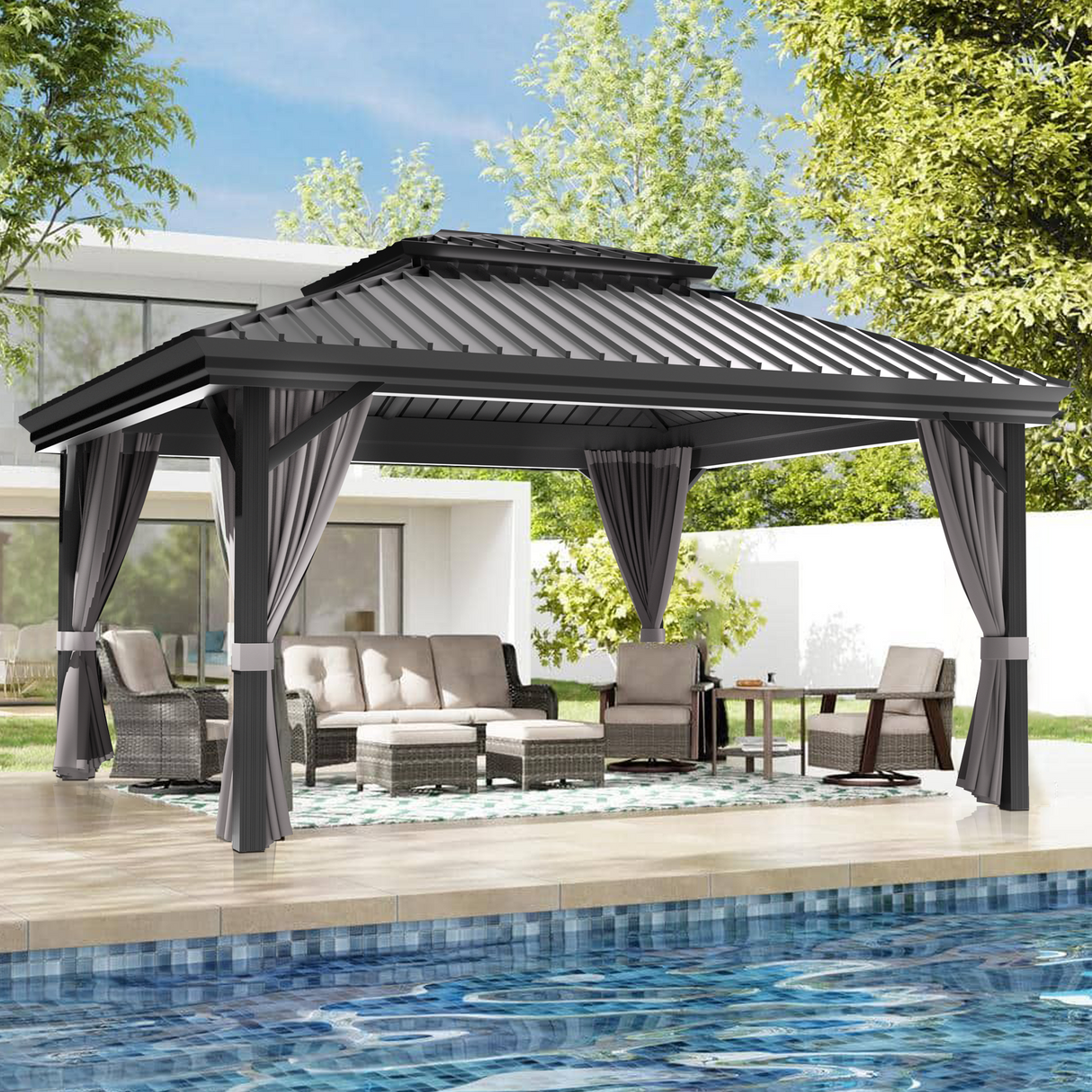Patioslife 3x3m Luxury Haven Hardtop Gazebo Grey with Curtains for Australian Poolside Patio