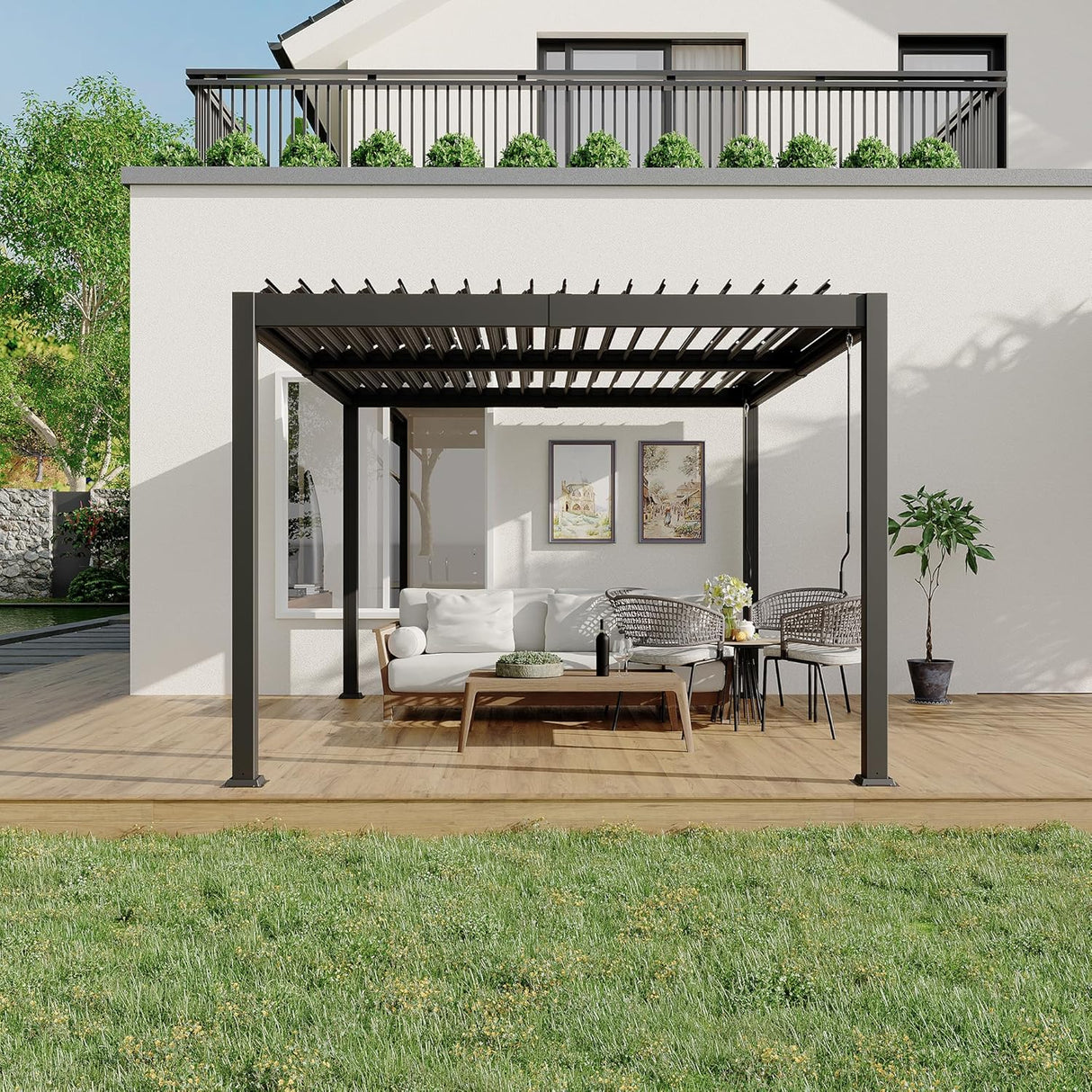 Patioslife 3 x 4m charcoal heavy-duty aluminium louvered pergola over a modern patio lounge beside a house