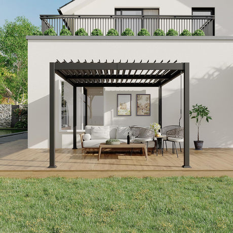 Patioslife 3 x 4m charcoal heavy-duty aluminium louvered pergola over a modern patio lounge beside a house