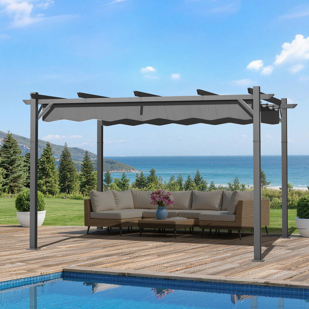Patioslife 3x4m Retractable Pergola Charcoal Canopy Grey Frame for Australian Poolside Deck