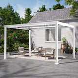 Patioslife 3 x 4m white heavy-duty aluminium louvered pergola beside a house with outdoor chairs and patio table