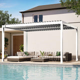 Patioslife 3 x 4m white aluminium louvered pergola shading an outdoor sofa set beside a backyard pool