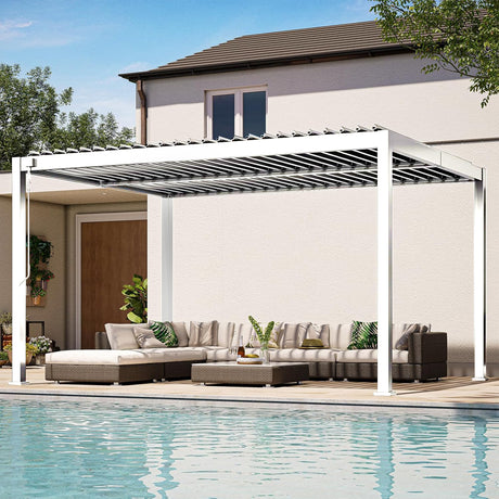 Patioslife 3 x 4m white aluminium louvered pergola shading an outdoor sofa set beside a backyard pool