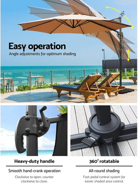 Patioslife adjustable cantilever outdoor umbrella with 35 degree tilt, hand crank handle and 360 degree rotatable base
