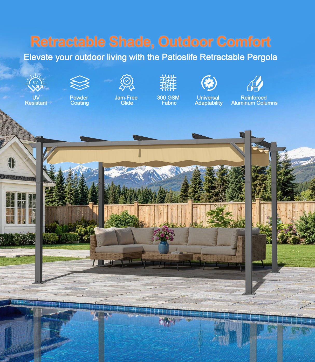 Patioslife Retractable Pergola Beige Canopy Grey Frame for Australian Poolside Outdoor Living