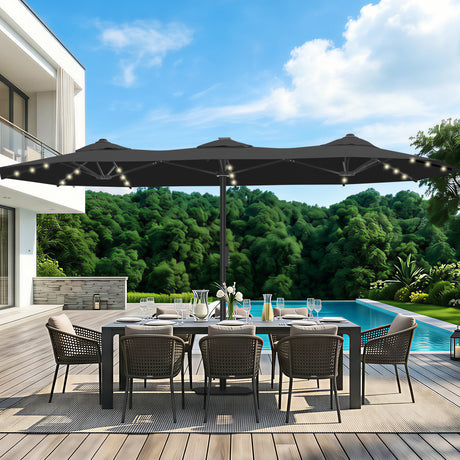 Patioslife Triple Cantilever Umbrella Black Canopy with LED Lights for Australian Poolside Deck