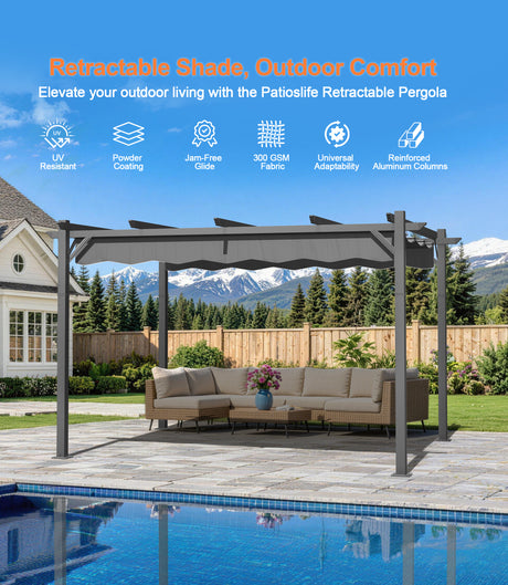 Patioslife Retractable Pergola Charcoal Canopy Grey Frame for Australian Backyard Outdoor Living