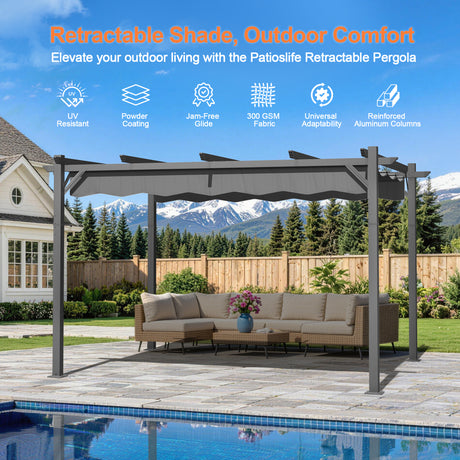 Patioslife Retractable Pergola Charcoal Canopy Grey Frame for Australian Poolside Patio
