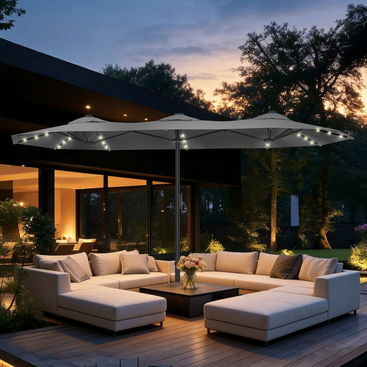Patioslife Triple Cantilever Umbrella Grey Canopy with LED Lights for Australian Patio Lounge