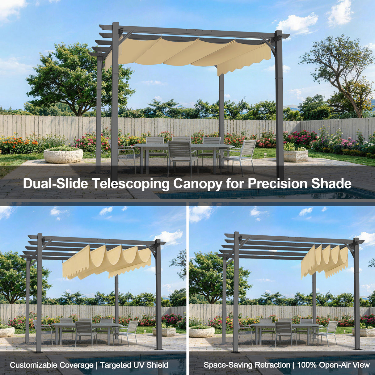 Patioslife Retractable Pergola Beige Canopy Dual Slide Telescoping Shade for Australian Patio