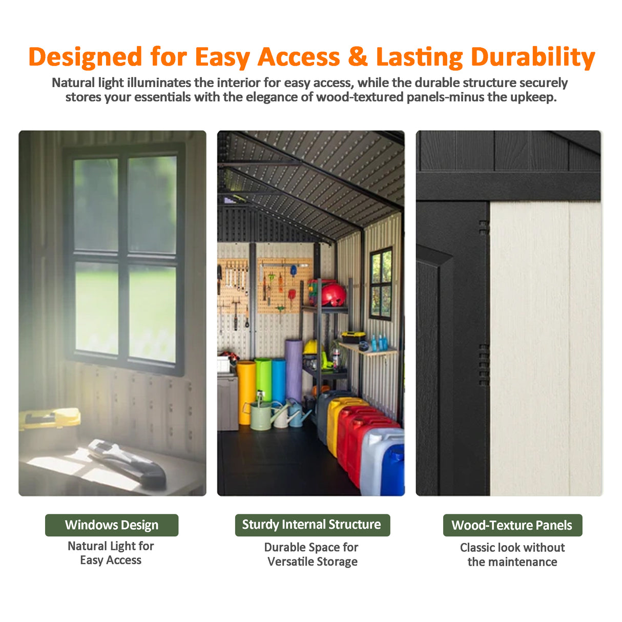 Patioslife Kick-it ProLock Garden Shed Window Design and Wood Texture Panels for Tool Storage