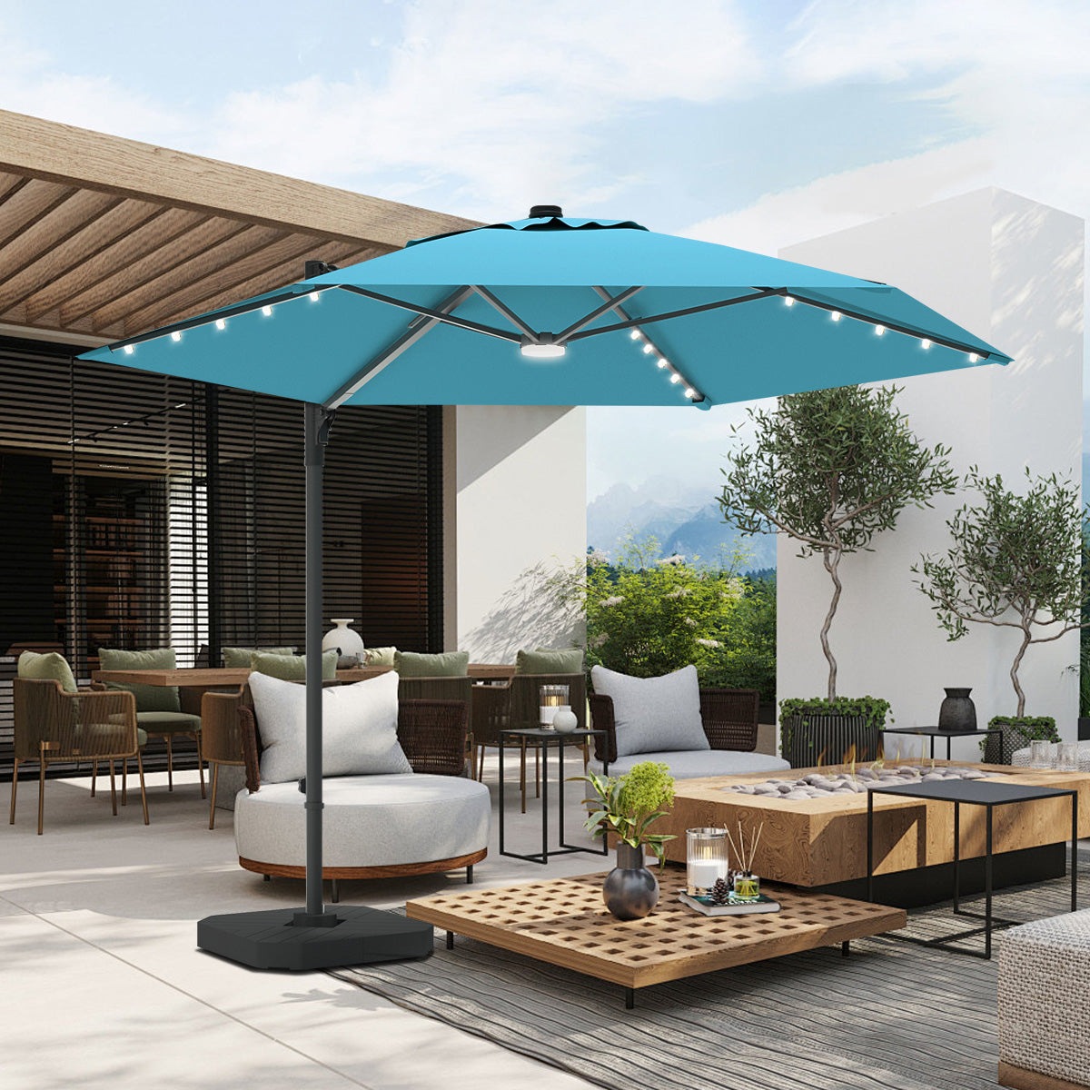 Patioslife Aegis Pro Round Cantilever Patio Umbrella Sky Blue with Solar LED Lights for Australian Poolside Patio
