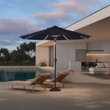 Patioslife Solara black market umbrella with soft rib lighting beside pool loungers at dusk