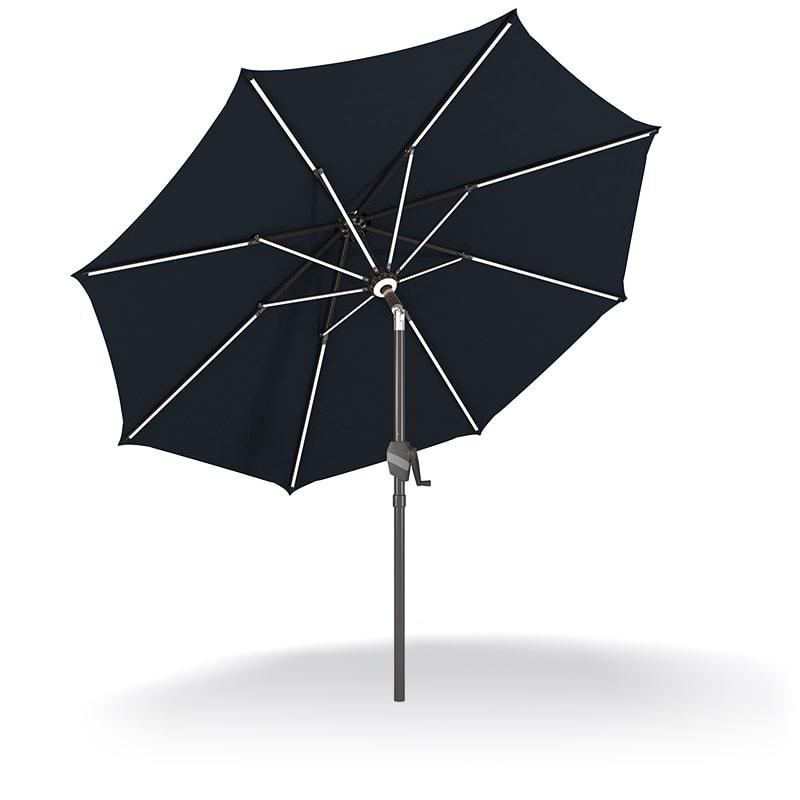 Patioslife Solara black market umbrella underside view with reinforced aluminium ribs ，with lights and modern patio shade design