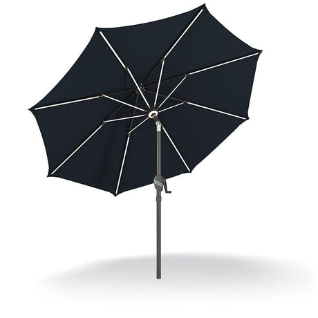 Patioslife Solara black market umbrella underside view with reinforced aluminium ribs ，with lights and modern patio shade design