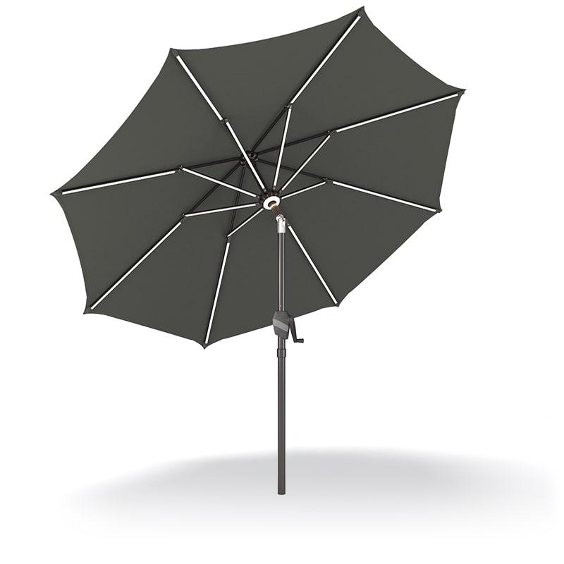 Patioslife Solara charcoal market umbrella underside view with reinforced aluminium frame ，with lightsand durable UV-resistant canopy
