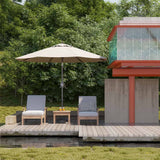 Patioslife Solara cream market umbrella on a lakeside patio with lounge chairs and modern outdoor furniture
