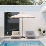 Patioslife Solara cream market umbrella beside a modern pool patio with white lounge chairs and minimalist outdoor setting