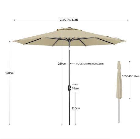 Patioslife Solara cream market umbrella size guide with 2.3m, 2.75m and 3m canopy options and reinforced aluminium pole