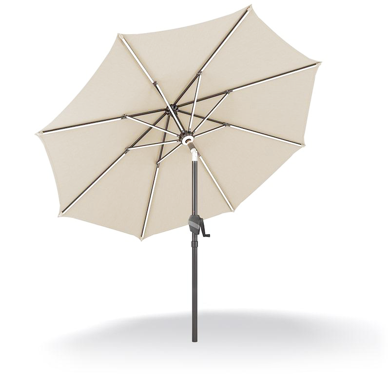 Patioslife Solara cream market umbrella underside view with reinforced aluminium ribs，with lights and UV-resistant canopy for premium outdoor living