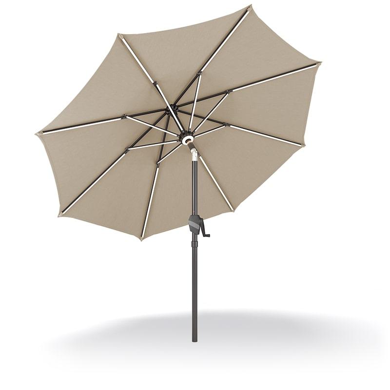 Patioslife Solara tan market umbrella underside view with reinforced aluminium ribs，with lights， and UV-resistant canopy for patio and garden shade