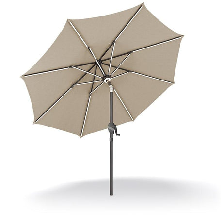 Patioslife Solara tan market umbrella underside view with reinforced aluminium ribs，with lights， and UV-resistant canopy for patio and garden shade