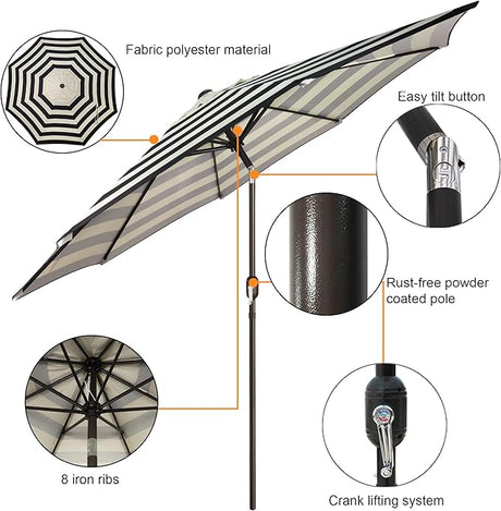 Patioslife Market Breeze Outdoor Umbrella 2.0 Black and White Stripe with 8 Rib Crank and Tilt Design