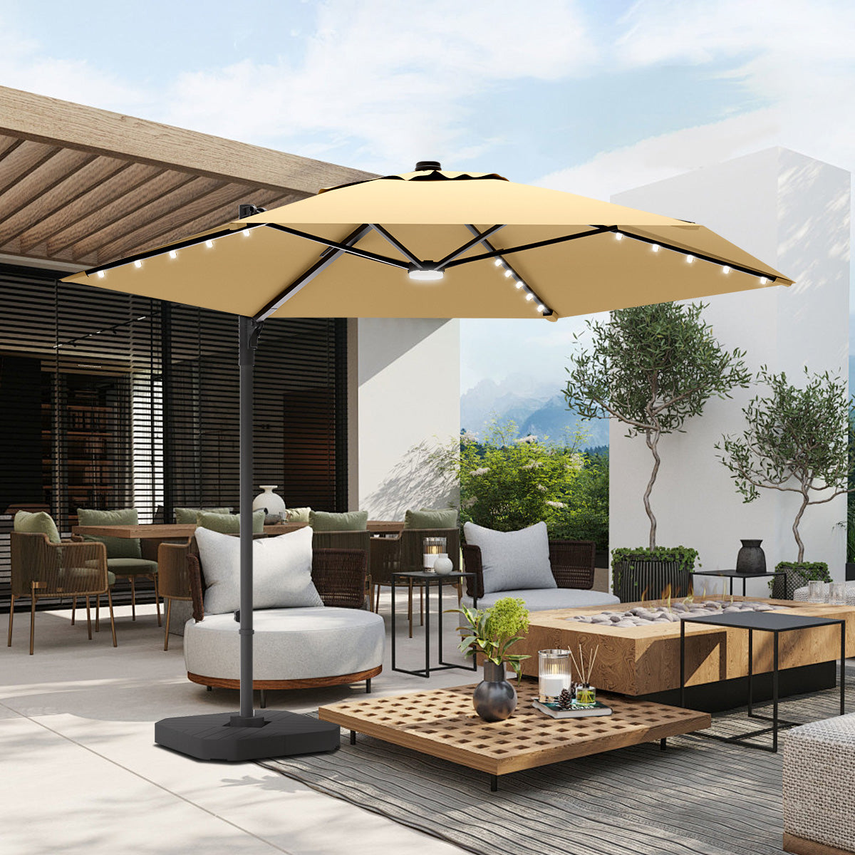 Patioslife Aegis Pro Round Cantilever Patio Umbrella Tan with Solar LED Lights and Large Base for Australian Patio