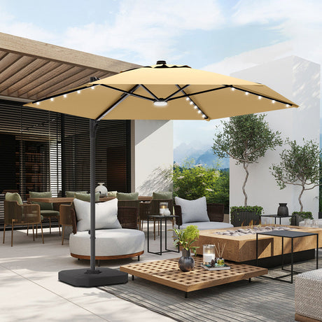 Patioslife Aegis Pro Round Cantilever Patio Umbrella Tan with Solar LED Lights and Large Base for Australian Patio