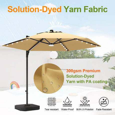 Patioslife Aegis Pro Round Cantilever Patio Umbrella Tan 300GSM Solution Dyed Fabric with PA Coating