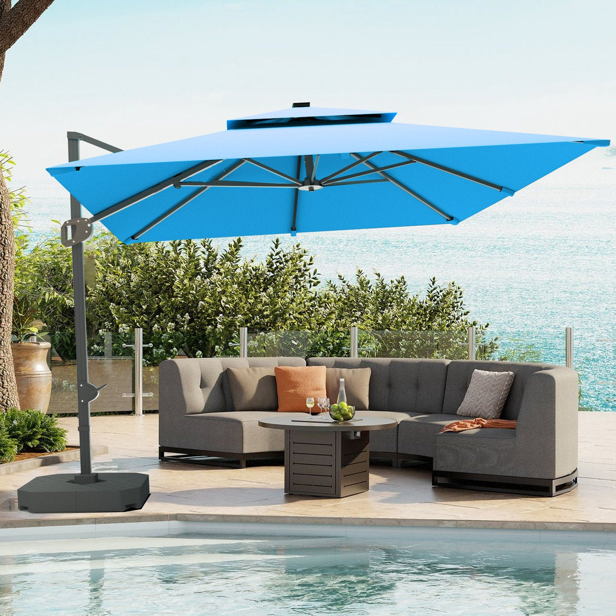 Patioslife 3x3m Aegis Pro Cantilever Umbrella Turquoise with Cross Base for Australian Poolside Shade