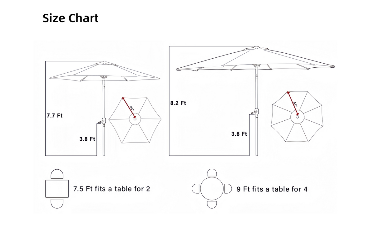 Patioslife Market Breeze Outdoor Umbrella 2.0 Size Chart for 7.5ft and 9ft Outdoor Patio Umbrellas
