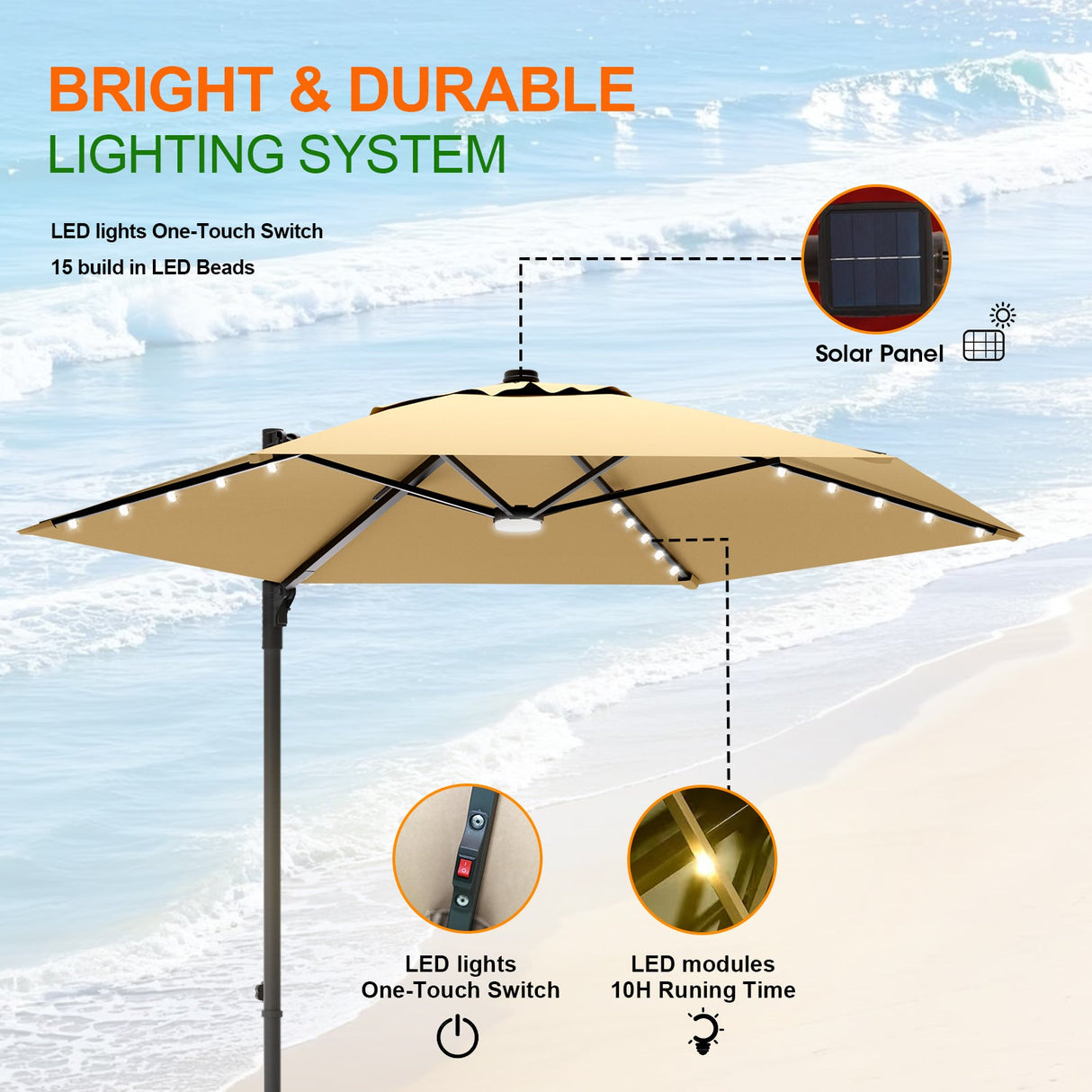 Patioslife Aegis Pro Round Cantilever Patio Umbrella Tan Solar LED Lighting System for Australian Patio Nightsace Definition,LED,lights