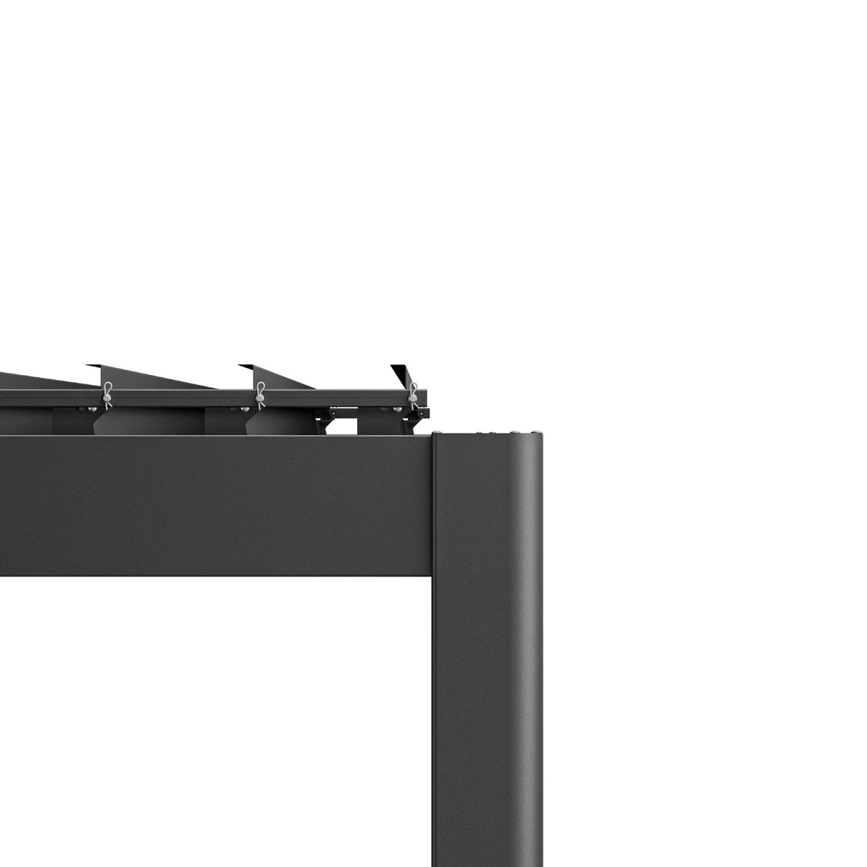Patioslife Atlantic pergola corner close up showing premium aluminium post, adjustable louver mechanism and modern architectural design