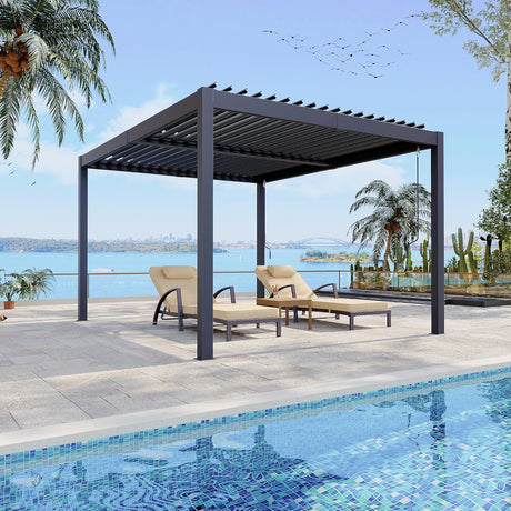 Patioslife Atlantic 3x3m louvered pergola with aluminium frame and adjustable roof beside a pool for modern outdoor shade and patio living