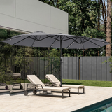 Patioslife Horizon Haven double-sided patio umbrella with base in gery, 4.6 x 2.7m,with LED lights beside pool loungers in a modern backyard