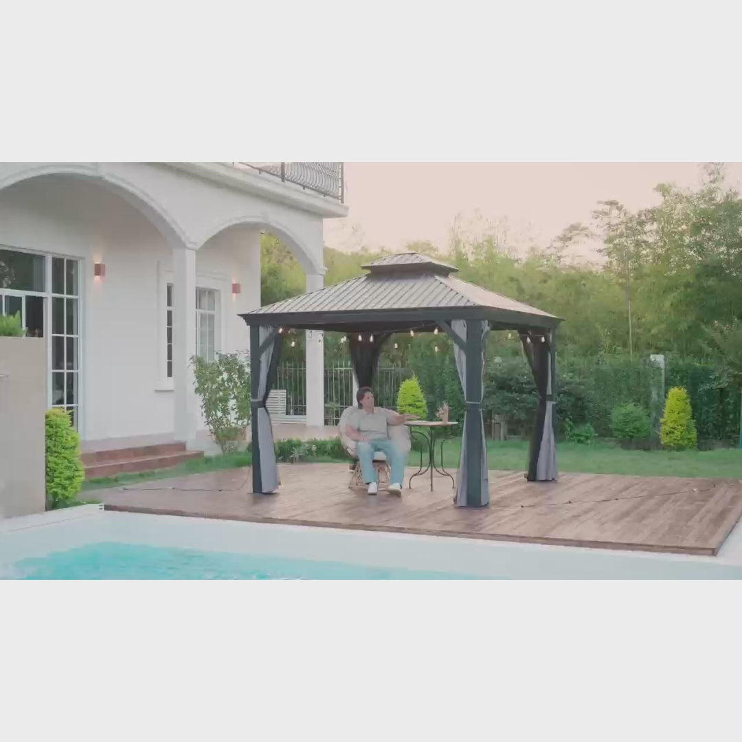 Patioslife 3.0 x 3.65m Luxury Haven Coastal Hardtop Gazebo | Designed for Australian Outdoor Conditions with 120×120mm Aluminium Posts, Drainage Gutters, Double Vented Roof & Curtains