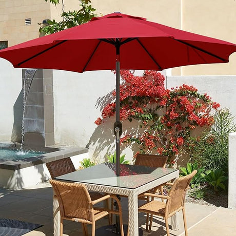 Patioslife Market Breeze red outdoor umbrella over patio dining set for backyard sun protection