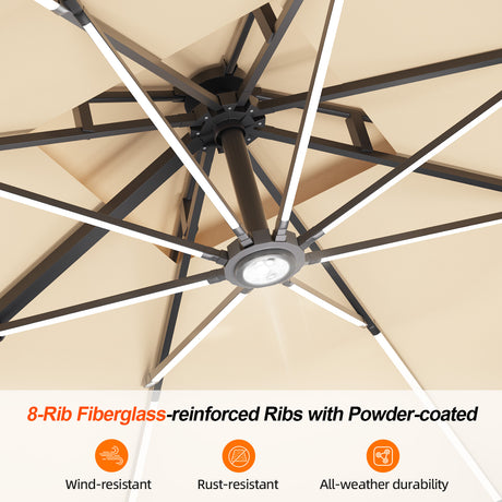 Patioslife Aegis Premium cantilever umbrella close up of 8 rib fibreglass reinforced frame with LED strips and powder coated structure
