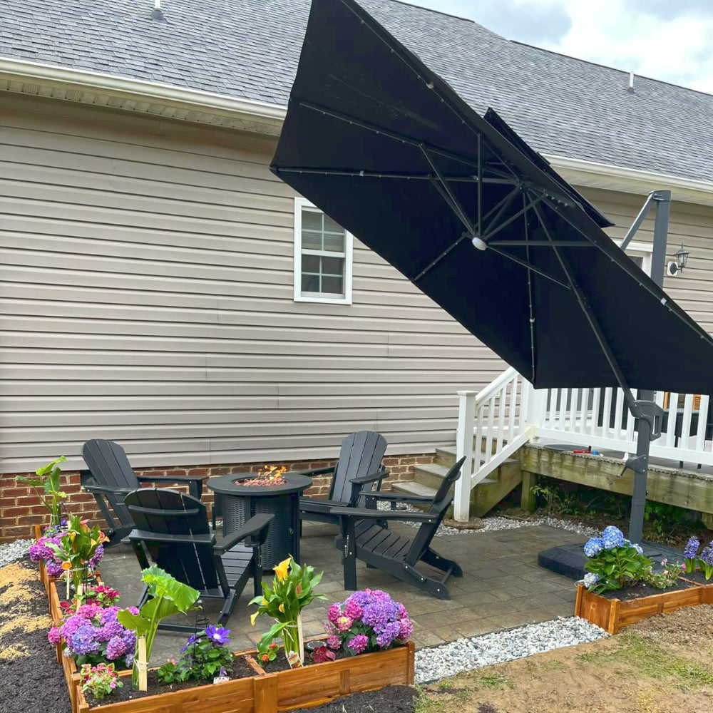 Patioslife 3x3m Black LED cantilever umbrella shading backyard fire pit seating beside flower planters