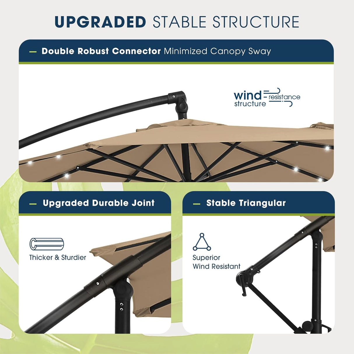 Patioslife Aegis Premium cantilever umbrella with upgraded stable structure, durable joints and triangular wind resistant support