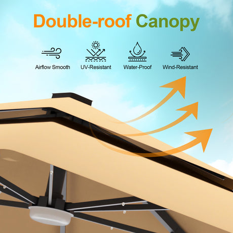 Patioslife Tan cantilever umbrella double roof canopy showing airflow and wind resistant design