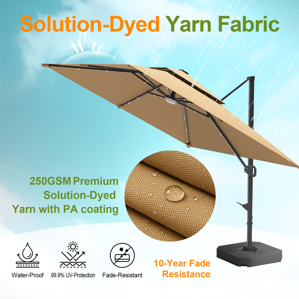 Patioslife Tan cantilever umbrella with solution dyed fabric and water resistant canopy detail