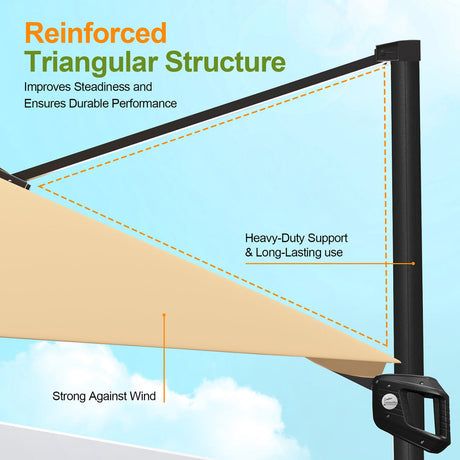 Patioslife Tan cantilever umbrella with reinforced triangular support structure and heavy duty pole
