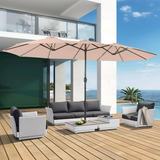 Patioslife Horizon Haven double-sided patio umbrella with base in tan, 4.6 x 2.7m, beside a pool with loungers and countryside views