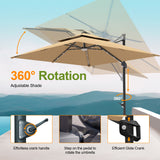 Patioslife Tan LED cantilever umbrella showing 360 degree rotation and adjustable shade on a patio with mountain view