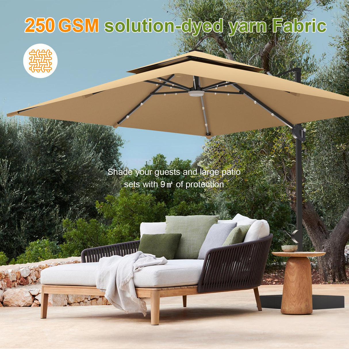 Patioslife Tan LED cantilever umbrella shading outdoor lounge furniture in a garden patio setting