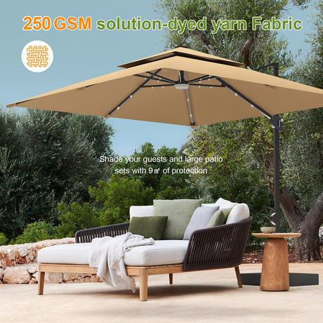 Patioslife Tan LED cantilever umbrella shading outdoor lounge furniture in a garden patio setting
