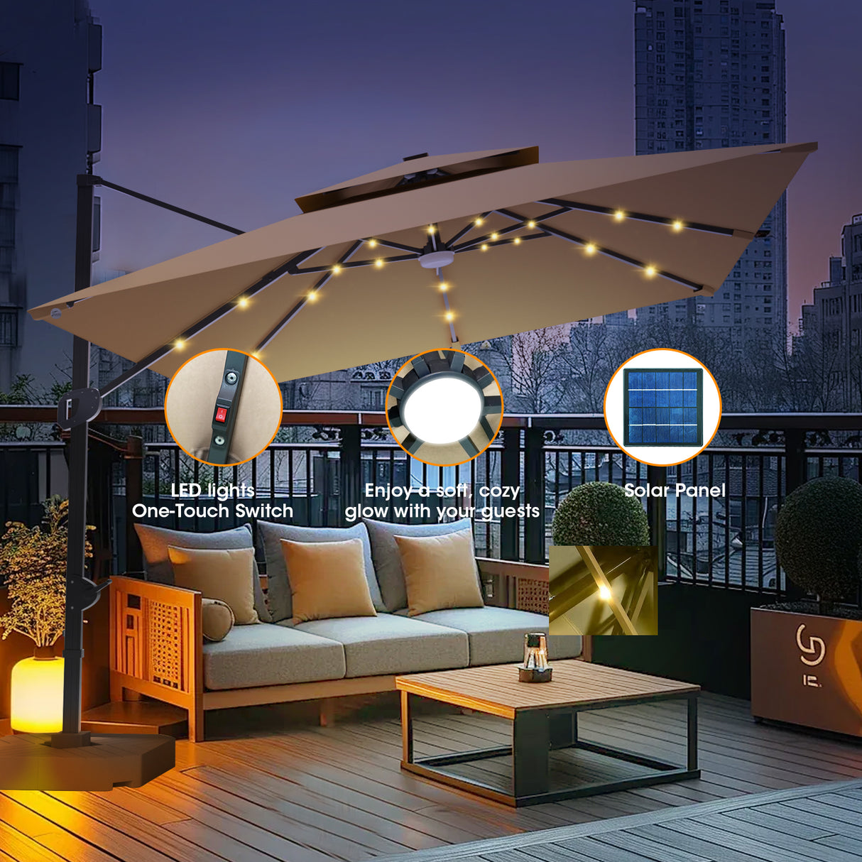 Patioslife Tan LED cantilever umbrella lighting an outdoor balcony lounge at night with solar panel detail